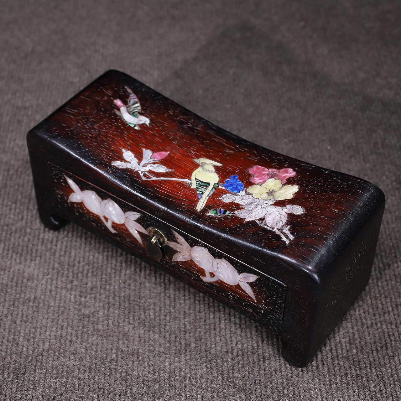 中国アンティーク天然ローズウッド象嵌貝花鳥模様枕箱、ジュエリー