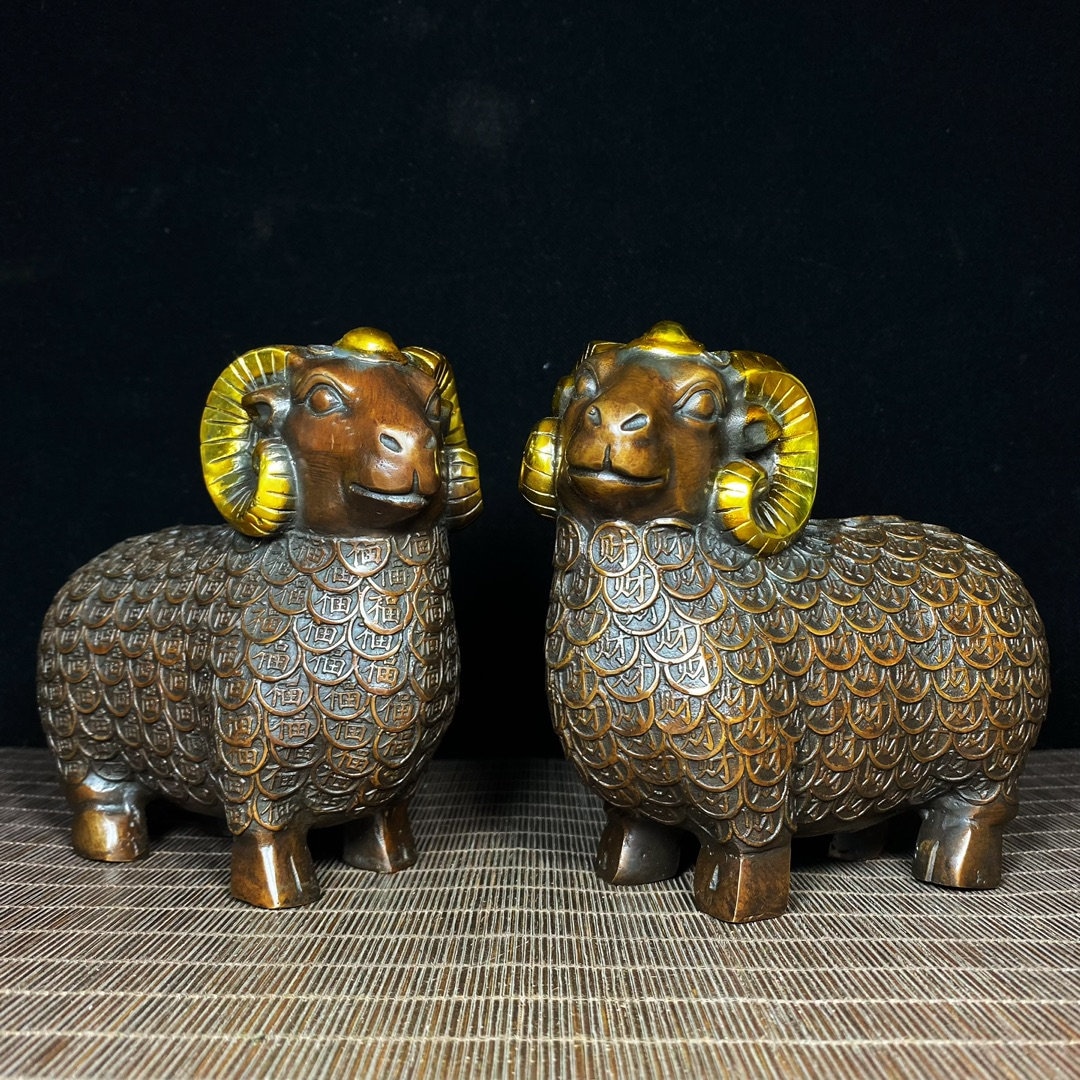 Chinese Hand Carved Pure Copper Gilt Caifu Sheep Statue Ornament a Pair ...