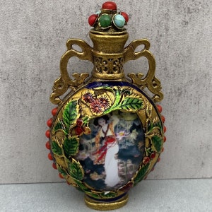 Collection pure copper inlaid gem double sided inlaid exquisite interior painting small bottle ornament