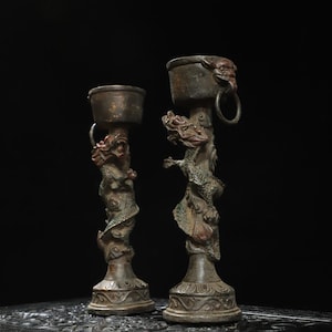 Chinese antique pure copper handcrafted double Dragon statue candlestick a pair ornament,exquisite and rare,worth collecting and used