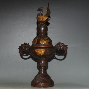 Alte chinesische reine Kupfervergoldung handgeschnitzte Drachen- und Phoenix-Musterstatue Räuchergefäßverzierung, schöne Form, das Sammeln wert