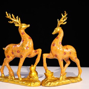 A pair of Chinese antique handmade carved pure copper cloisonne colour enamel deer statue ornament,precious and exquisite