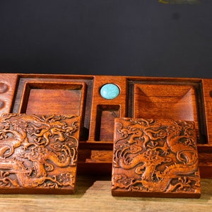 Chinese Antique Rosewood Inlaid gem Carved Dragon pattern Inkstone box decoration,Precious and Exquisite, Worth Collecting