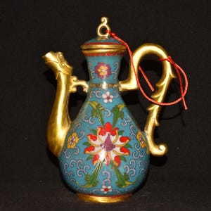 Chinese antique handmade carved pure copper cloisonn é dragon head high wine pot ornament,collection and use