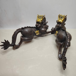 A pair of Chinese antique hand carve pure copper gilt kylin statue ornaments,exquisite and precious,worth collecting