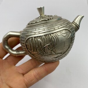 Chinese antique white copper pure hand carved fishing pattern teapot wine pot,exquisite and rare,worth collecting and used