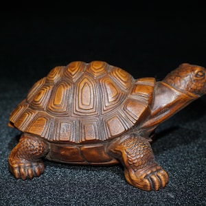 Op de afbeelding: Een gedetailleerd houten beeldje van een schildpad met een bruine afwerking. De schildpad heeft een ingewikkeld gesneden schild met een patroon van vierkanten en rechthoeken.