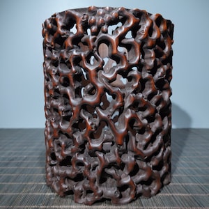 Chinese antique bamboo carving pen holder is carved natural hollowed out patterns, furniture decoration