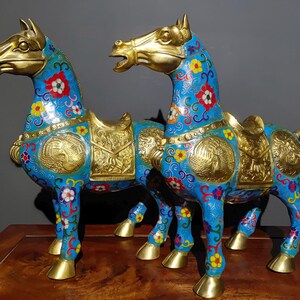A pair of Chinese antique handmade carved pure copper cloisonne colour enamel Chenggong horse statue ornament,precious and exquisite