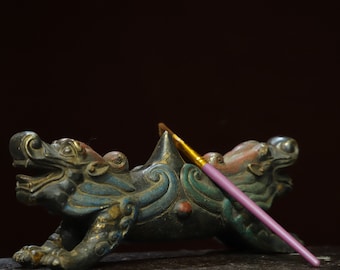中国のアンティークブロンズ彫刻双頭吉兆獣像飾り、デスクトップの装飾