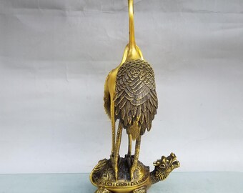 中国のアンティークの純粋な手彫りの純銅製の二重の鶴が亀を踏む像の