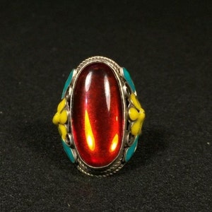 Chinese antiques pure copper hand carving inlaid with gems exquisite ring
