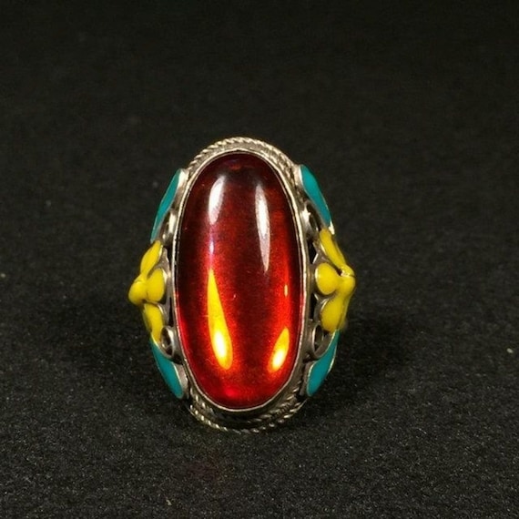 Chinese antiques pure copper hand carving inlaid with gems exquisite ring