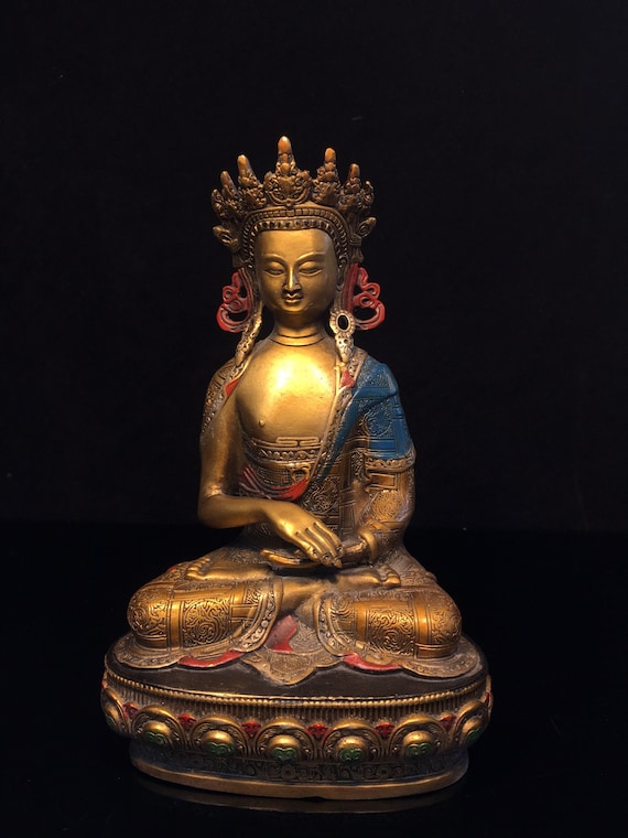 中国の純粋な手彫りの純銅塗装蓮の台座釈迦牟尼仏の飾り、絶妙で