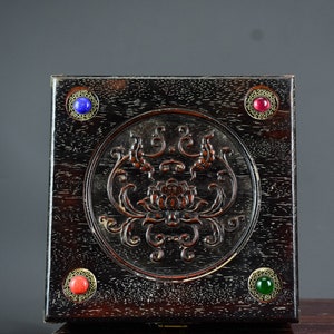 Chinese antique hand-carved rosewood inlaid gems lotus pattern jewelry box,gift box wooden box beautiful in shape,worthy of collection