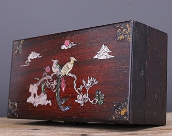 Scatole portagioie cinesi antiche intagliate a mano in legno di palissandro naturale intarsiato con fiori e uccelli, scatole portaoggetti, scatole regalo, squisite e preziose