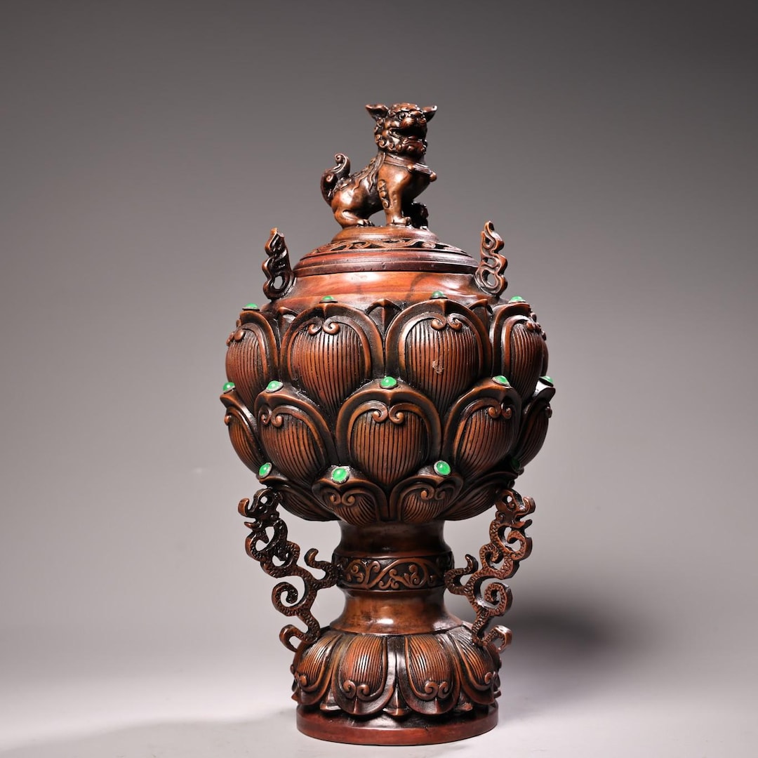 Chinese Antique Handmade Carved Pure Copper Red Copper Inlaid Gems ...