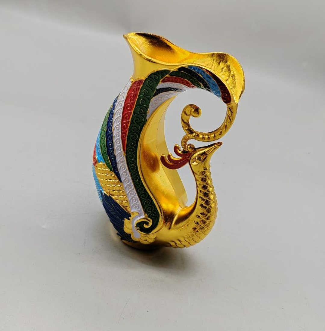 Exquisite and Unique Pure Copper Gilt Painted Phoenix Statue