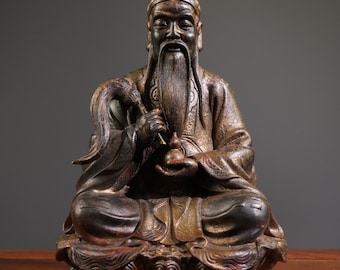 19 世紀の石鹸石彫刻、中国の長寿の神である寿老が杖と桃の像を持って