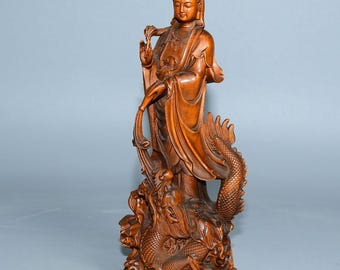 Chinese antique hand carved natural boxwood dragon and Guanyin Buddha statue ornament,Beautiful shape