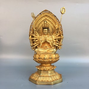 Chinese pure hand-carved pure copper gilt thousand armed Guanyin Bodhisattva statue ornament,exquisite and precious,worth collecting