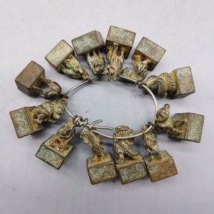 Chinese antique pure copper bronzes hand carving chinese zodiac seals a set key pendant,worth collecting