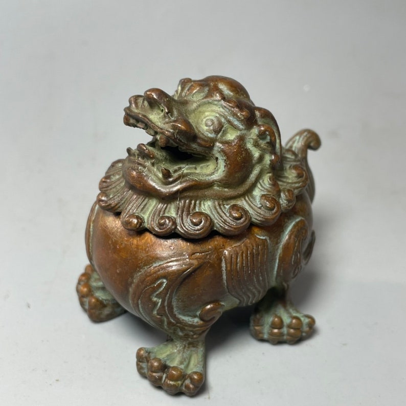 Chinese Hand Carved Pure Copper Bronze Lion Statue Small Incense Burner ...