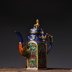 Chinese pure hand carved exquisite and unique pure copper cloisonne Fu Lu Shou pattern wine pot ornament,collecting