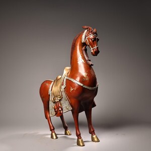 Chinese antique hand carved pure copper exquisite and rare high relief gilded silver Tang horse statue ornaments,worth collecting