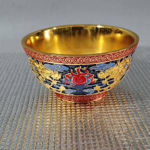 Collect pure copper gilt inlaid cloisonne painted dragon pattern bowl ornaments,exquisite and unique
