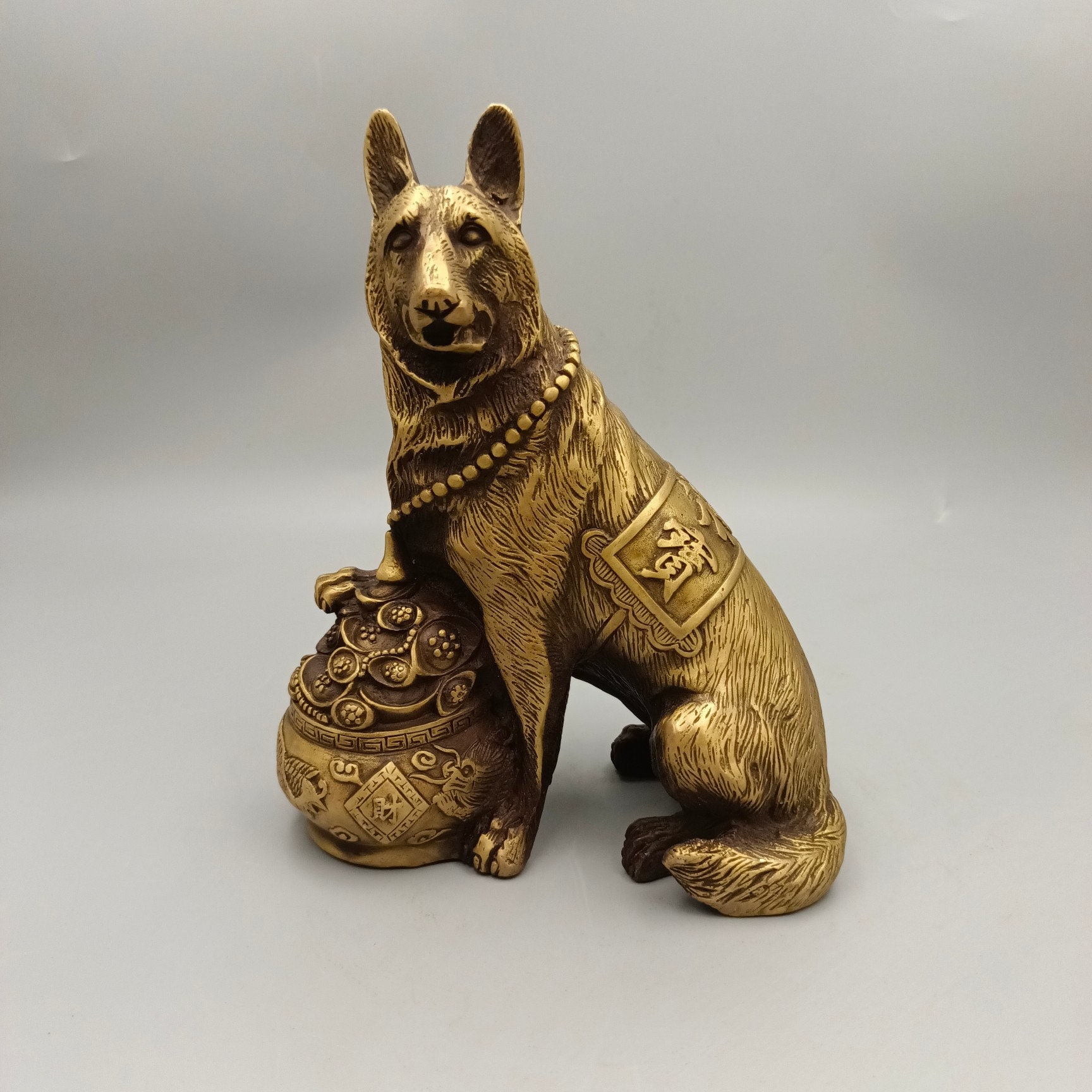 Chinese Pure Hand-carved Brass Copper Wangcai Dog Statue,precious