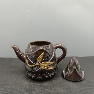 Chinese antique pure copper gilt bamboo pattern teapot ornament,precious and unique