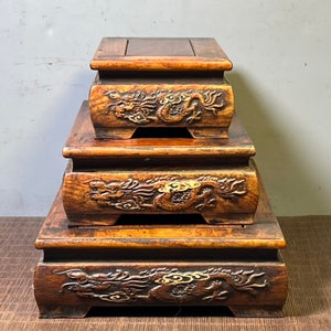 Chinese antique pure hand-carved rosewood solid wood dragon pattern display stand,tea base,vase base decoration a set