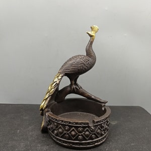Chinese antique pure copper gilt hand carved peacock statue jar ashtray decoration,exquisite and rare