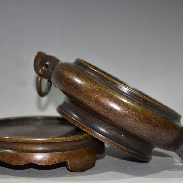 Chinesische reine handgeschnitzte Messing Kupfer Doppelohr Basis Räuchergefäß Dekoration,kann gesammelt und verwendet werden