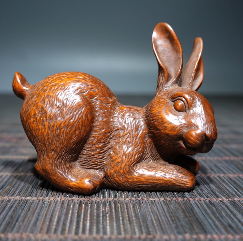 Boxwood Rabbit Chinese Antique Natural Boxwood Cute Rabbit Statue is Pure Hand Carved ...