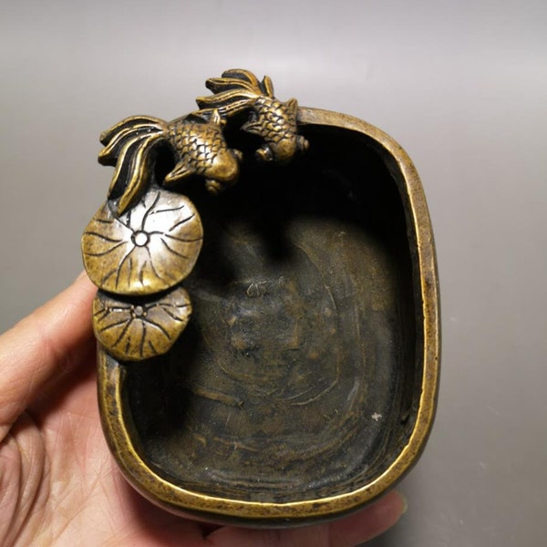 Chinese antique bronze carving lotus fish statue pen wash jar,pure copper incense burner,beautiful shape