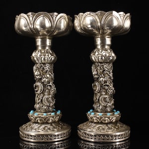 A pair Chinese antique hand carved silver plated pure copper dragon lotus pattern candlestick statue ornament rare,worth collecting and used