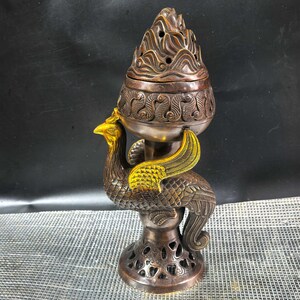 Chinesische antike reine Hand geschnitzte große reine Kupfer vergoldet Phoenix Boshan Weihrauch Brenner Ornament, exquisit und selten