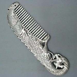 Chinese antique Zang silver hand-carved dragon statue comb,can be collected and used