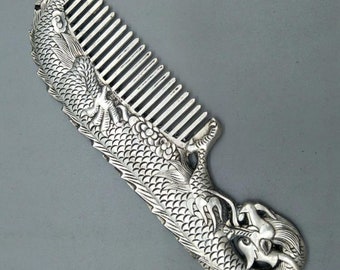 Chinese antique Zang silver hand-carved dragon statue comb,can be collected and used