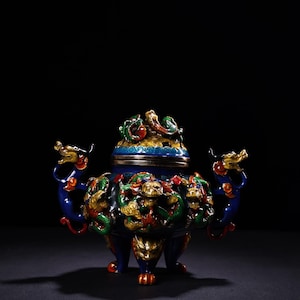 Chinese antique hand carved pure copper high relief cloisonn é nine dragon pattern incense burner ornaments,precious,can be collected