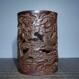 Chinese Antique Hand Carved rare Bamboo Carving hollow out Dragon pen holder ornament,exquisite and rare
