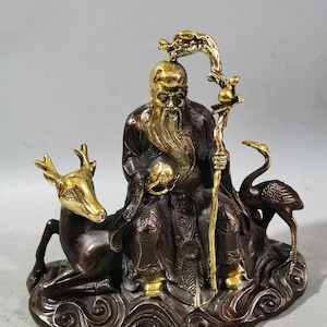 Chinees antiek puur koper verguld Fu Lu Shou standbeeldornament is puur met de hand gesneden kostbaar en zeldzaam, kan worden verzameld
