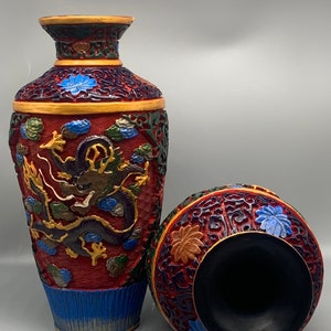 Chinese pure hand carved lacquerware exquisite auspicious dragon pattern vase ornaments a pair ,precious and unique,fine workmanship