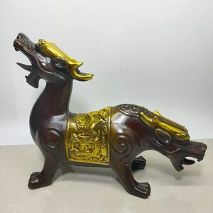 Chinese antique pure copper gilt exquisite and rare hand carved double headed beast statue ornaments,precious and unique