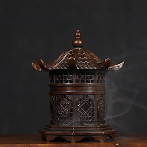 Chinese antique handmade carved rare copper hollow pavilion statue incense burner, available for collection