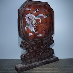 Chinese antique pure hand-carved rosewood inlaid dragon pattern screen is worth collecting