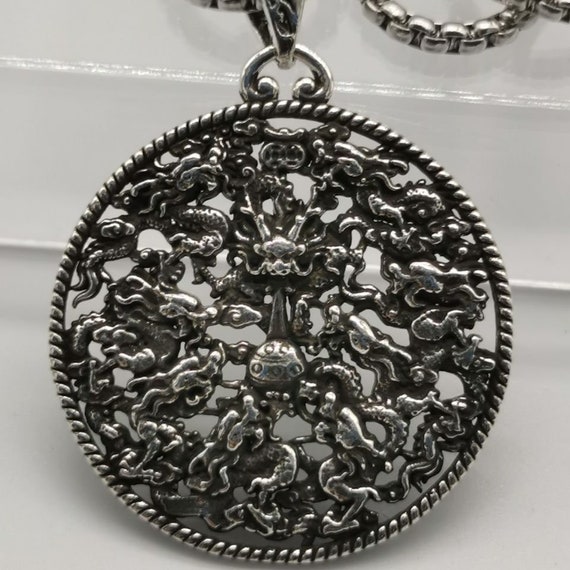 Chinese antique hand-carved Tibetan silver hollow… - image 6