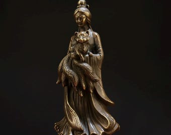 アンティーク　古銅　人物神獣刻　柄杓　約35㎝　C　R9851 Copper Nine-tailed Fox Fairy Statue, Chinese Antiques Ornament - Etsy